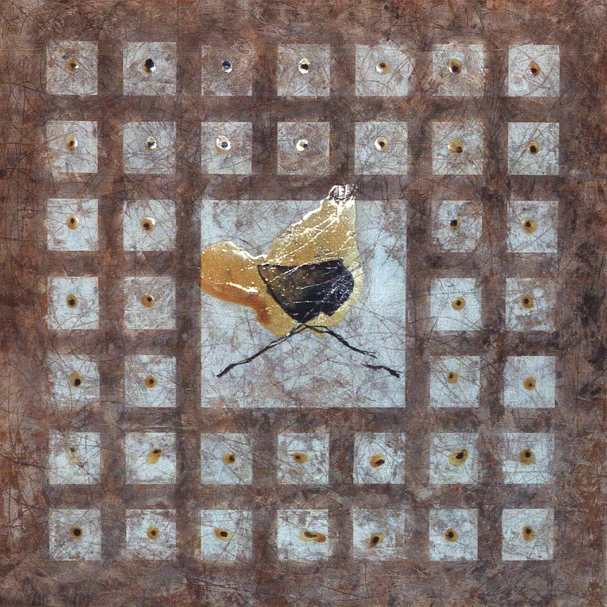 ANTONIO CAMBA · ESTADOS EMBRIONARIOS 5 — Mixta sobre madera · 120×120 cm · 1994—1999